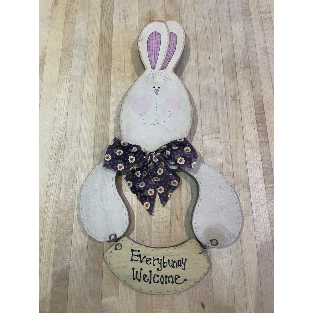 "Every Bunny Welcome" Rustic Handpainted Wood Hanging Sign 19" x 10" 90s Vtg
